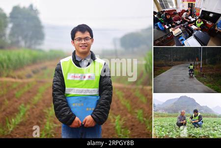 191024 -- RONG AN, 24 octobre 2019 -- la photo combinée montre Zhang Jian, 28 ans, un membre de l'équipe de lutte contre la pauvreté, posant pour une image principale dans la mise en page et Zhang exécutant ses fonctions des images plus petites dans la colonne de droite, dans le village de Liangcun du canton de Dongqi, comté de Rong an, région autonome de Guangxi Zhuang, sud-ouest de la Chine, le 22 octobre 2019. En mars 2018, Zhang s'est porté volontaire pour rester et travailler comme membre de l'équipe de lutte contre la pauvreté dans le village de Liangcun. Avant cela, il était fonctionnaire dans la ville de Liuzhou et sa décision a rencontré l'opposition de sa petite amie, qui a montré plus tard Banque D'Images