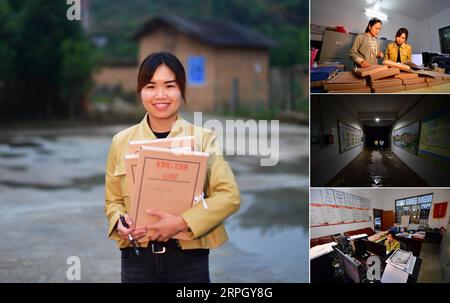 191024 -- RONG AN, 24 octobre 2019 -- la photo combinée montre Wei Yuqi, 27 ans, maire adjoint du canton de Banlan, posant pour une image principale dans la mise en page et Wei exécutant ses fonctions des images plus petites dans la colonne de droite, dans le canton de Banlan, comté de Rong an, région autonome Guangxi Zhuang du sud-ouest de la Chine, le 22 octobre 2019. Travailleur expérimenté dans la lutte contre la pauvreté, Wei a pris ses fonctions en tant que maire adjoint du canton de Banlan en mars 2019. Cerné dans une zone montagneuse où sévit la désertification pierreuse, le comté de Rong an, dans le sud-ouest de la Chine, lutte contre une pauvreté extrême qui est aggravée Banque D'Images