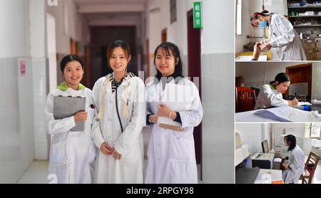 191024 -- RONG AN, 24 octobre 2019 -- une photo combinée montre Yang Minfang, infirmière de 21 ans, Wu Qiuyun, médecin de 27 ans, et Zhong Shanshan, analyste de laboratoire chimique de 23 ans posant pour une photo L-R, image principale dans la mise en page et les trois d'entre eux exerçant leurs fonctions images plus petites dans la colonne de droite, dans un hôpital rural dans le comté de Rong an, dans la région autonome Guangxi Zhuang du sud-ouest de la Chine, 23 octobre 2019. Entouré dans une région montagneuse où la désertification pierreuse domine, le comté de Rong an, dans le sud-ouest de la Chine, lutte contre la pauvreté extrême qui est aggravée par le vieillissement de la population Banque D'Images