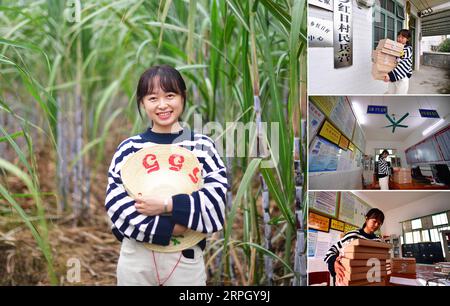 191024 -- RONG AN, 24 octobre 2019 -- la photo combinée montre Zhong Zhenni, une travailleuse de lutte contre la pauvreté de 28 ans posant pour une image principale dans la mise en page et Zhong exécutant ses fonctions des images plus petites dans la colonne de droite, dans le canton de Dongqi du comté de Rong an, dans le sud-ouest de la Chine, Guangxi Zhuang région autonome, le 22 octobre 2019. Zhong commence à travailler dans le canton de Dongqi en 2016, tandis que son mari travaille dans le centre-ville du comté de Rong an. Le couple décide d'avoir leurs enfants lorsque le travail de lutte contre la pauvreté dans le comté de Rong an obtient un succès global. Cerné dans une zone montagneuse où les déserti pierreux Banque D'Images