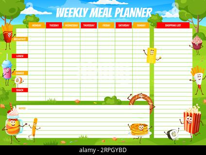 Planificateur de repas hebdomadaire, personnages de fast-food et desserts de dessin animé, plan alimentaire vectoriel. Frites de pommes de terre drôles et crêpes avec pop-corn de restauration rapide et biscuit churro sur le plan de régime et le calendrier de repas de semaine Illustration de Vecteur