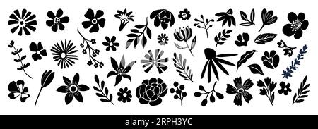 Ensemble de vecteur de silhouettes de fleurs et de feuilles. Illustration de Vecteur