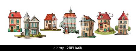 Ensemble de maisons de dessins animés mignons, vecteur de bâtiments de ville. Illustration de Vecteur