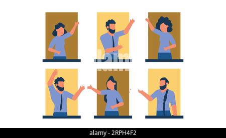 Personnes sur balcon illustration ensemble fenêtres bâtiment ville appartement avec homme et femme. Concept de maison de quarantaine caractère social communication epidoemi Illustration de Vecteur