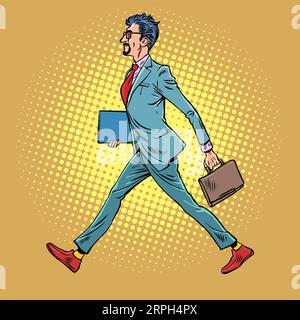 Routine de travail matinale d'un employé de bureau. L'homme d'affaires va au travail. Un homme en costume marche avec une mallette et des documents. Pop Art rétro Illustration de Vecteur