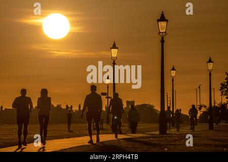 Londres, Royaume-Uni. 4 septembre 2023. UK Météo : canicule dans la ville. Les habitants profitent d'un chaud coucher de soleil en soirée à Blackheath Park. Le met Office prédit que les températures atteindront des sommets de 30C pour la semaine, car les effets d’un panache ibérique se feront sentir sur une grande partie du Royaume-Uni. Crédit : Guy Corbishley/Alamy Live News Banque D'Images