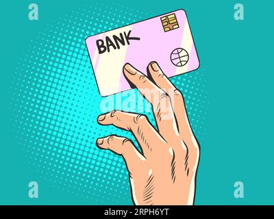 La main humaine tient une carte bancaire. Carte de crédit et de débit en plastique. Monnaie électronique. Paiement de biens et services en ligne. Achat d'une application Illustration de Vecteur