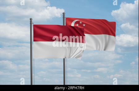 République de Singapour et Indonésie et drapeau de l'île de Bali agitant ensemble dans le vent sur le ciel bleu, concept de coopération de deux pays Banque D'Images