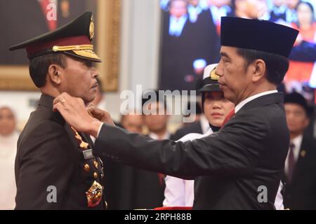 191101 -- JAKARTA, le 1 novembre 2019 -- le président indonésien Joko Widodo R inaugure le nouveau chef de la police nationale Idham Azis au Palais d'État de Jakarta, Indonésie, le 1 novembre 2019. L Indonésie a nommé vendredi un ancien officier supérieur de l unité antiterroriste du recensement 88 de la police nationale, Idham Azis, nouveau chef de la police nationale, renforçant ainsi les efforts de la nation pour lutter contre le radicalisme et le terrorisme. INDONÉSIE-JAKARTA-NOUVEAU CHEF DE POLICE-INAUGURATION ZULKARNAIN PUBLICATIONXNOTXINXCHN Banque D'Images