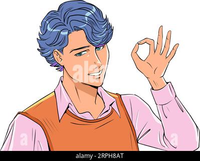 Acceptation de la proposition. Sympa homme d'anime montrant le signe ok. Excellente atmosphère de travail. Pop Art rétro Illustration de Vecteur