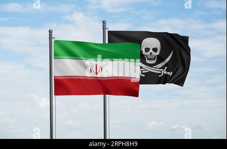 Drapeau iranien et drapeau corsair agitant ensemble dans le vent sur le ciel bleu Banque D'Images