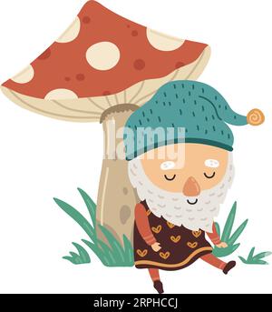 Forset gnome assis sous le champignon. Caractère elfe de jardin Illustration de Vecteur
