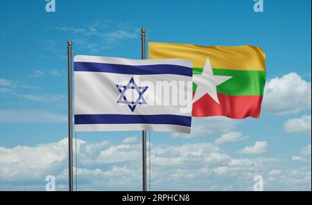 Myanmar aka drapeau birman et drapeau israélien agitant ensemble sur le ciel bleu, concept de coopération entre deux pays Banque D'Images