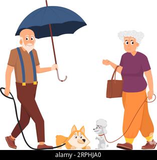 Seniors marchant avec chien. Vieil homme avec parapluie. Des gens heureux Illustration de Vecteur