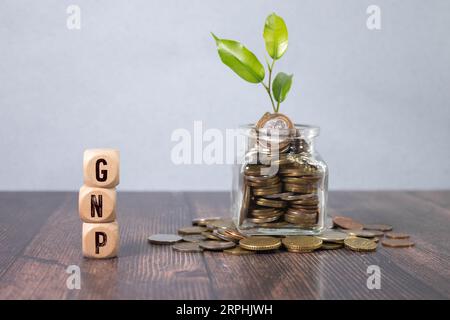 Trois cubes de pierre sur le fond des États financiers blancs, tableaux avec le mot PNB. Concept commercial solide Banque D'Images