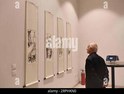 191112 -- TIRANA, le 12 novembre 2019 -- Un homme visite une exposition pour marquer le 70e anniversaire de l'établissement de relations diplomatiques entre la Chine et l'Albanie au Centre pour l'ouverture et le dialogue COD du bureau du Premier ministre albanais à Tirana, Albanie, le 11 novembre 2019. L'exposition, organisée par la COD en coopération avec l'Ambassade de Chine en Albanie, est intitulée Beyond Memories . L'exposition a rassemblé une collection de timbres commémoratifs sur la Chine émis par la poste albanaise de 1968 à 2009, ainsi que des œuvres d'art traditionnelles chinoises de la ville de Nanjing. ALBANIE-TIRANA- Banque D'Images