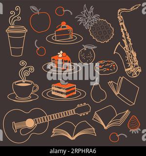 Collection d'illustrations vectorielles esquissées de desserts et tasses à café, biscuits au chocolat. Desserts sucrés et fruits temps, livres et instruments de musique Illustration de Vecteur
