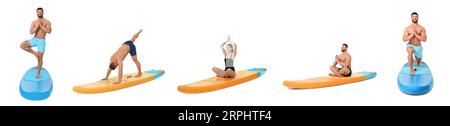 Collage avec des photos de jeune homme et femme pratiquant le yoga sur des planches sup isolées sur blanc Banque D'Images