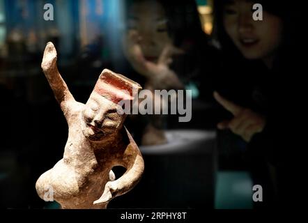 191120 -- ZHENGZHOU, 20 novembre 2019 -- les visiteurs regardent une figurine dansante lors d'une exposition sur la musique et la danse le long de l'ancienne route de la soie à Zhengzhou, dans la province du Henan, au centre de la Chine, le 19 novembre 2019. Plus de 280 artefacts datant des dynasties Han, Tang, Song et Yuan de la Chine ancienne sont exposés pendant l'exposition. CHINE-ZHENGZHOU-SILK ROAD-EXPOSITION CN LIXAN PUBLICATIONXNOTXINXCHN Banque D'Images