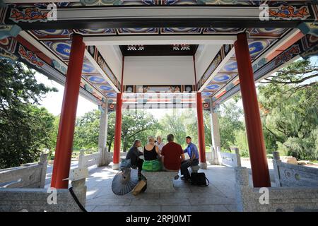 191121 -- SAINT PAUL É.-U., 21 novembre 2019 -- la photo prise le 6 août 2019 montre Linda Mealey-Lohmann 1st L, présidente de la Minnesota China Friendship Garden Society, discutant des plans futurs du projet de jardin de Chine avec les membres du conseil d'administration St. Paul, États-Unis. Situé à Phalen Park à St. Paul, capitale de l'État américain du Minnesota, le jardin de Chine de 1,2 acres, ou Liu Ming Yuan, est devenu un symbole de l'amitié de longue date du Minnesota avec la Chine et une reconnaissance de la relation ville-sœur commencée en 1988 entre St. Paul et Changsha, une ville du centre de la Chine. POUR ALLER AVEC la fonctionnalité : woma américain Banque D'Images