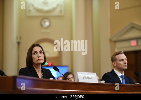 191122 -- WASHINGTON, le 22 novembre 2019 -- Fiona Hill L, ancienne directrice principale du Conseil de sécurité nationale pour l'Europe et la Russie, réagit en témoignant devant le Comité du renseignement de la Chambre des États-Unis sur Capitol Hill à Washington D.C., aux États-Unis, le 21 novembre 2019. Les deux derniers témoins prévus pour témoigner publiquement devant un panel de la Chambre dans le cadre d’une enquête de destitution du président américain Donald Trump ont présenté leurs récits d’événements liés à l’enquête jeudi. ÉTATS-UNIS-WASHINGTON D.C.-TÉMOIN-TÉMOIGNAGE-TRUMP LIUXJIE PUBLICATIONXNOTXINXCHN Banque D'Images