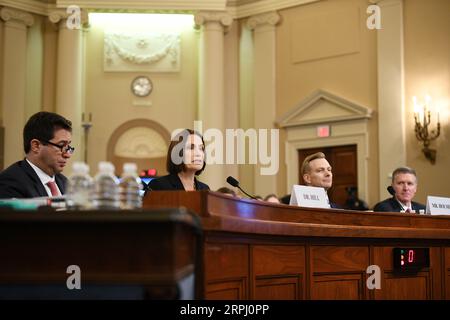 191122 -- WASHINGTON, 22 novembre 2019 -- Fiona Hill 2nd L, ancienne directrice principale du Conseil de sécurité nationale pour l’Europe et la Russie, et David Holmes 2nd R, un membre du personnel de l’ambassade des États-Unis en Ukraine, témoignent devant le Comité du renseignement de la Chambre des États-Unis sur Capitol Hill à Washington D.C., aux États-Unis, le 21 novembre 2019. Les deux derniers témoins prévus pour témoigner publiquement devant un panel de la Chambre dans le cadre d’une enquête de destitution du président américain Donald Trump ont présenté leurs récits d’événements liés à l’enquête jeudi. ÉTATS-UNIS-WASHINGTON D.C.-TÉMOIN-TÉMOIGNAGE-TRUMP LIUXJIE PU Banque D'Images