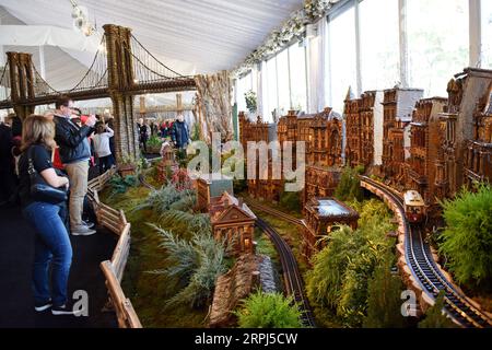 191127 -- NEW YORK, le 27 novembre 2019 -- les visiteurs regardent des bâtiments miniatures et des trains miniatures au Holiday train Show au jardin botanique de New York, aux États-Unis, le 26 novembre 2019. Le New York Botanical Garden entre dans la saison des fêtes avec son spectacle annuel de train de vacances. Maintenant dans sa 28e édition, l'événement annuel transporte les visiteurs dans une métropole miniature alors que les trains miniatures parcourent une exposition enchanteresse de plus de 175 monuments à New York, chacun recréé avec de l'écorce, des gousses de lotus, des glands, des bâtons de cannelle et d'autres matériaux naturels. Le spectacle de cette année dure à partir de nov. Banque D'Images