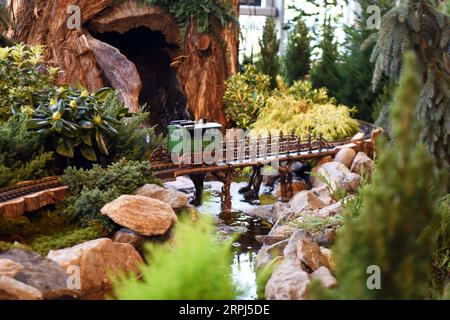 191127 -- NEW YORK, le 27 novembre 2019 -- Un train miniature circule sur le pont miniature Oak Bridge du Central Park lors du Holiday train Show au jardin botanique de New York, aux États-Unis, le 26 novembre 2019. Le New York Botanical Garden entre dans la saison des fêtes avec son spectacle annuel de train de vacances. Maintenant dans sa 28e édition, l'événement annuel transporte les visiteurs dans une métropole miniature alors que les trains miniatures parcourent une exposition enchanteresse de plus de 175 monuments à New York, chacun recréé avec de l'écorce, des gousses de lotus, des glands, des bâtons de cannelle et d'autres matériaux naturels. Cette année s show la Banque D'Images