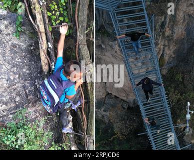 191205 -- CHENGDU, 5 décembre 2019 -- une photo combinée montre un étudiant escaladant l'échelle en rotin le 30 septembre 2016 et des touristes descendant l'échelle en acier nouvellement construite le 24 novembre 2019 au village d'Atulie er, préfecture autonome de Liangshan Yi, province du Sichuan dans le sud-ouest de la Chine. Un garçon nommé Mouse labo a trouvé sa nouvelle vie dans le développement de sa ville natale, Atulie er Village. Le village d'Atulie er est un célèbre village à flanc de falaise dans la préfecture autonome de Liangshan Yi dans le Sichuan. Dans le passé, les villageois ici n'avaient pas accès aux routes. En sortant, ils ont dû descendre une falaise de 800 mètres de haut par un garçon en rotin Banque D'Images