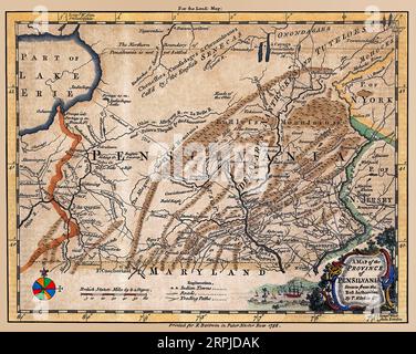 Amélioré, restauré, reproduction d'une carte antique avec de nombreux détails géographiques. Titre original : 'une carte de la province de Pensilvania.' Les tribus amérindiennes et les « villes indiennes » sont répertoriées. Banque D'Images