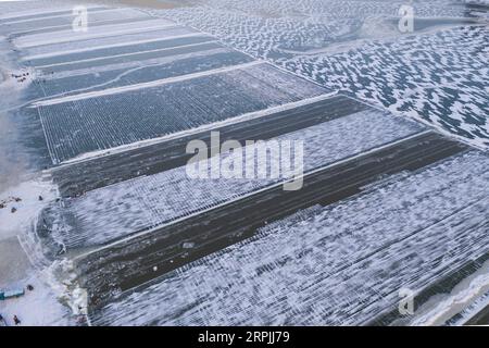 191212 -- HARBIN, 12 décembre 2019 -- une photo aérienne prise le 11 décembre 2019 montre la rivière Songhua gelée à Harbin, capitale de la province du Heilongjiang du nord-est de la Chine. Les glaçons recueillis dans la rivière Songhua gelée seront utilisés lors du prochain festival de la neige à Harbin. Photo de /Xinhua CHINA-HARBIN-ICE COLLECTIONNANT CN XiexJianfei PUBLICATIONxNOTxINxCHN Banque D'Images