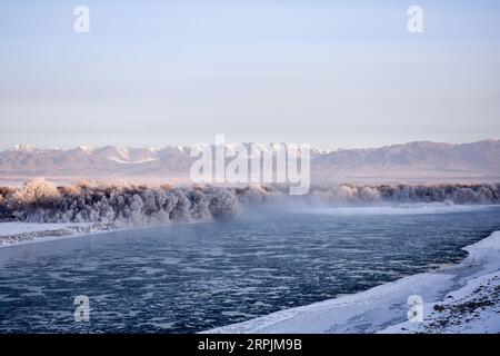 191214 -- PÉKIN, 14 décembre 2019 -- une photo prise le 13 décembre 2019 montre le paysage glacial du parc national de zones humides de Tekes River dans le comté de Zhaosu, dans le nord-ouest de la Chine, dans la région autonome ouygur du Xinjiang. PHOTOS XINHUA DU JOUR DingxLei PUBLICATIONxNOTxINxCHN Banque D'Images