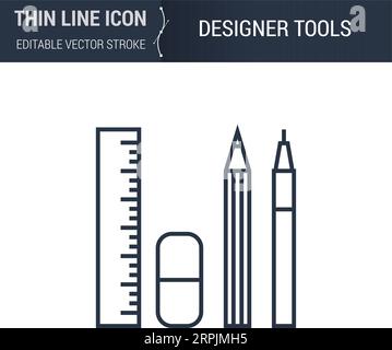 Symbole des outils de conception icône ligne mince de l'ensemble d'impression et de modélisation 3D. Pictogramme de trait graphique adapté aux infographies. Contour vectoriel modifiable. P Illustration de Vecteur