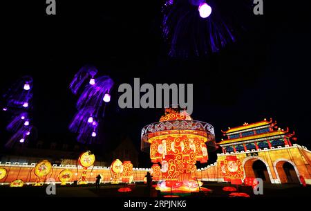 191216 -- PARIS, le 16 décembre 2019 -- Une installation lumineuse de Zigong, une ville dans la province du Sichuan du sud-ouest de la Chine, est vue lors du Festival des lanternes chinoises au château de selles sur cher, à 228 kilomètres au sud de Paris, France, le 15 décembre 2019. FRANCE-SELLES SUR CHER-CHINESE LANTERN FESTIVAL GAOXJING PUBLICATIONXNOTXINXCHN Banque D'Images