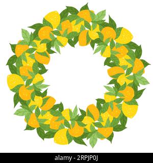Vecteur bordure ronde avec citrons, feuillages et espace de copie. Cadre circulaire avec agrumes et feuilles isolées de l'arrière-plan. Carte plate dessinée à la main Illustration de Vecteur