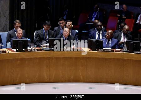 191217 -- NATIONS UNIES, le 17 décembre 2019 -- Zhang Jun, représentant permanent de la Chine auprès des Nations Unies, s'adresse à une réunion du Conseil de sécurité des Nations Unies sur l'Afrique de l'Ouest au siège des Nations Unies à New York, le 16 décembre 2019. Lundi, l envoyé spécial de la Chine à l ONU a souligné que la violence intercommunautaire était un défi majeur auquel l Afrique de l Ouest était confrontée et qu elle était liée de plus en plus au terrorisme. RÉUNION ONU-CONSEIL DE SÉCURITÉ-AFRIQUE DE L'OUEST-ENVOYÉ CHINOIS LIXMUZI PUBLICATIONXNOTXINXCHN Banque D'Images