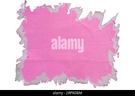 Papier d'affiche rose pelé sur fond blanc avec chemin de détourage Banque D'Images