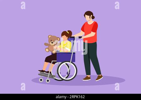 Dessin plat de caractère de la mère avec belle fille handicapée en fauteuil roulant est venu pour examen à l'hôpital de la clinique. Maman aide l'enfant avec disabili Banque D'Images