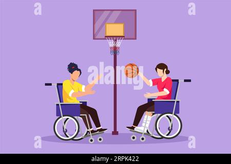 Design plat graphique dessinant joyeuse handicapée Pretty Woman en fauteuil roulant jouant au basket-ball ensemble sur le terrain de basket-ball. Concept de sport adaptatif pour Banque D'Images