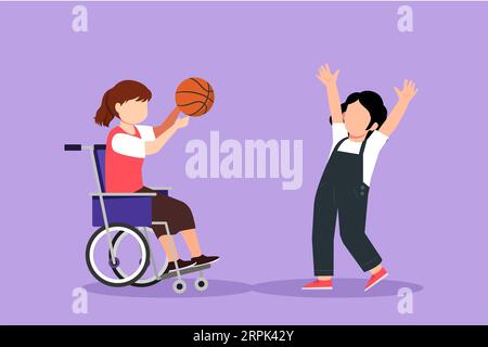 Dessin de style plat de dessin animé du style de vie heureux du concept de personnes handicapées. Petite fille en fauteuil roulant jouant au ballon avec une amie femelle à l'extérieur vivant ac Banque D'Images