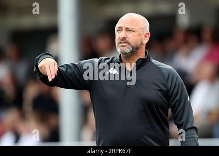 Jay Devereux, gestionnaire de hashtag, lors de Hornchurch vs hashtag United, lors du lancement de la Ligue Isthmian Premier Division football au stade Hornchurch le 28 Banque D'Images