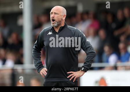 Jay Devereux, gestionnaire de hashtag, lors de Hornchurch vs hashtag United, lors du lancement de la Ligue Isthmian Premier Division football au stade Hornchurch le 28 Banque D'Images