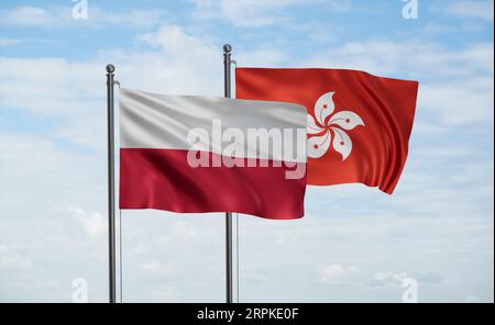 Drapeau de Hong Kong et drapeau de la Pologne agitant ensemble sur le ciel bleu, concept de coopération de deux pays Banque D'Images