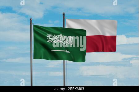 Pologne et Arabie Saoudite, drapeau de l'Arabie Saoudite agitant ensemble dans le vent sur le ciel bleu, concept de coopération de deux pays Banque D'Images