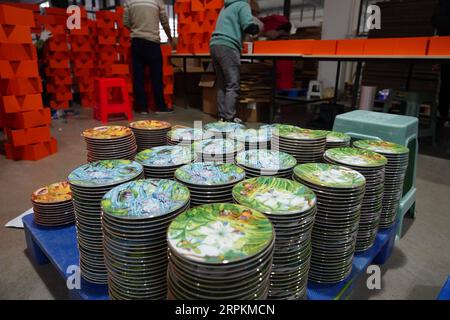 200114 -- JINGDEZHEN, 14 janvier 2020 -- Un ouvrier emballe des plaques en céramique conçues par Wu Anran mettant en vedette l'année chinoise du rat à Jingdezhen, dans la province du Jiangxi de l'est de la Chine, le 9 janvier 2020. Jingdezhen, également connue sous le nom de capitale de la porcelaine , est célèbre pour son savoir-faire en céramique élaboré qui nécessite un processus de production extrêmement compliqué. Dans le passé, de nombreux designers de porcelaine jeunes, compétents et ambitieux pouvaient créer de bons designs, mais avaient du mal à compléter indépendamment la production et les ventes. D'autre part, les entreprises traditionnelles qui pouvaient faire de la production et de la vente manquaient Banque D'Images