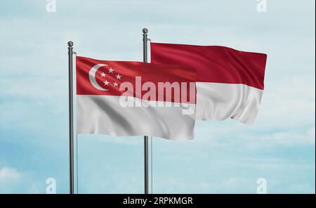 Drapeau indonésien et drapeau de Singapour agitant ensemble sur le ciel bleu, concept de coopération de deux pays Banque D'Images