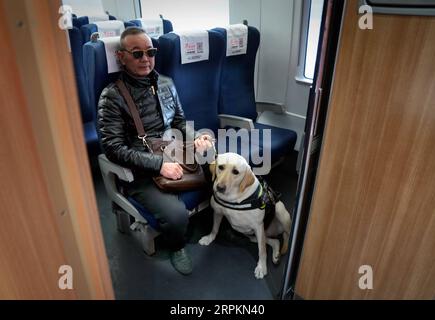 200114 -- ZHENGZHOU, le 14 janvier 2020 -- le chien-guide Xiaoqi et son maître prennent le train à grande vitesse G6647 à la gare de Zhengzhoudong à Zhengzhou, dans la province du Henan au centre de la Chine, le 14 janvier 2020. Le passager malvoyant surnommé Jin prendrait un train à grande vitesse avec son chien-guide Xiaoqi mardi à la gare de Zhengzhoudong. Il passa un appel téléphonique à la gare pour obtenir de l'aide. Le personnel de la gare a immédiatement élaboré un plan pour s'assurer que le passager et son chien-guide ont un voyage pratique et sûr sans barrières. CHINE-HENAN-ZHENGZHOU-GUIDE CHIEN-PRINTEMPS FESTIVAL TR Banque D'Images