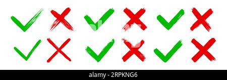 Grunge sale main dessinée avec des coups de pinceau croix X et cochez OK coche V Vector illustration Set Illustration de Vecteur