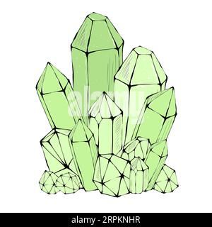 Cristaux magiques couleur vert, isolé sur fond blanc. Illustration dessinée à la main. Banque D'Images