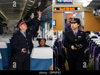 200115 -- TAIYUAN, 15 janvier 2020 -- une photo combinée prise le 11 janvier 2020 montre Zhao Yao L en train de vérifier les porte-bagages sur le train K884 photo de Yang Chenguang et Chen Haiyan patrouillant sur le train à grande vitesse D2507 photo de . Alors que des millions de Chinois rentrent chez eux pour rattraper la veille de la fête du printemps, le nouvel an lunaire chinois, Zhao Yao et Chen Haiyan, un couple travaillant tous les deux comme chefs d orchestre dans les trains, vont rater l anniversaire de leur fille qui tombe le même jour de la veille, aussi l'occasion la plus importante de réunion de famille pour les Chinois. Il n'y a que trois fois pour le couple de passer la naissance Banque D'Images